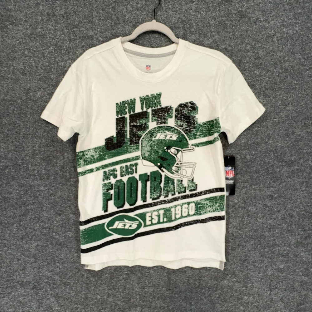 NFL New York Jets Tshirt Women Medium 10/12 White Distressed Helmet Graphic NEW